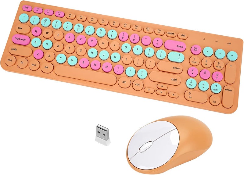 GUKJOB Wireless Keyboard and Mouse Combo, Retro Typewriter Keyboard with Round Keycaps, 2.4GHz USB Cute Wireless Keyboard Mouse for Computer, Desktop, Laptop and Computer (Orange Colorful) - Image 1